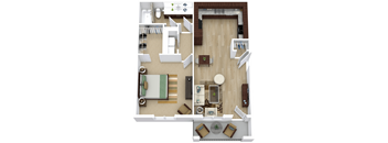 A floor plan of a house with a living room, kitchen, and dining area.