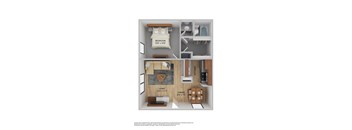 A floor plan of a small apartment with a bedroom, living room, and kitchen.