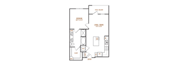 A floor plan of an apartment with a bedroom, living room, and kitchen.
