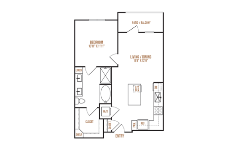 A floor plan of an apartment with a bedroom, living room, and kitchen.