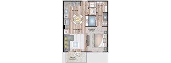 A floor plan of a house with a living area, kitchen, bathroom, and bedroom.