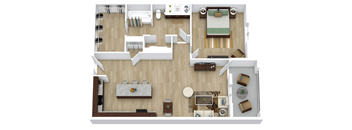 A top down view of a living room with a couch, coffee table, and television.
