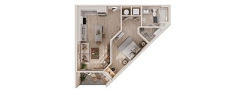 A top-down view of a small apartment with a kitchen, living room, and bathroom.