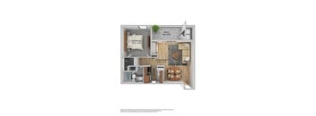 A floor plan of a small apartment with a bedroom, living room, kitchen, and bathroom.