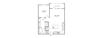 A floor plan of a small apartment with a bedroom, living room, and kitchen.