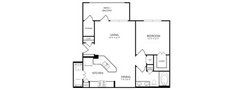 A black and white floor plan of a house with a living room, dining room, kitchen, bedroom, and storage area.