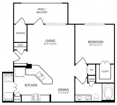 A black and white floor plan of a house with a living room, dining room, kitchen, bedroom, and storage area.