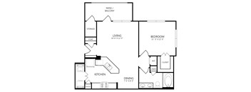 A black and white image of a floor plan for a home with a living room, dining room, kitchen, bedroom, storage, coat area, and closet.
