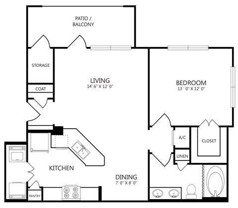 A black and white image of a floor plan for a home with a living room, dining room, kitchen, bedroom, storage, coat area, and closet.