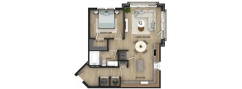 A floor plan of an apartment with a bedroom, living room, kitchen, bath, and closet.