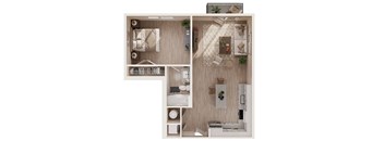 A floor plan of a small apartment with a kitchen, living room, and bathroom.
