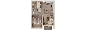 A top-down view of a small apartment with a bedroom, living room, kitchen, and bathroom.