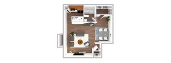 a stylized floor plan of a 1 bedroom apartment