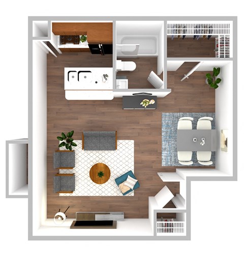 a stylized floor plan of a 1 bedroom apartment
