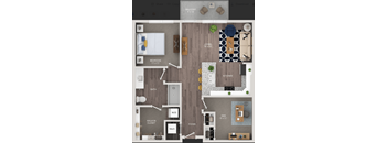 A detailed 3D floor plan of a small apartment layout.
