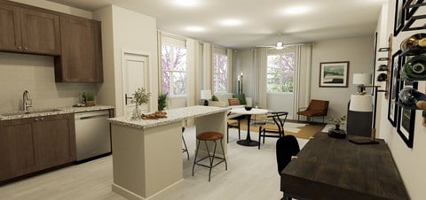 a kitchen and dining room with a table and chairs