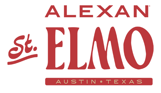 A logo with the words "Alexan St. Elmo Austin, Texas" in red on a green background.
