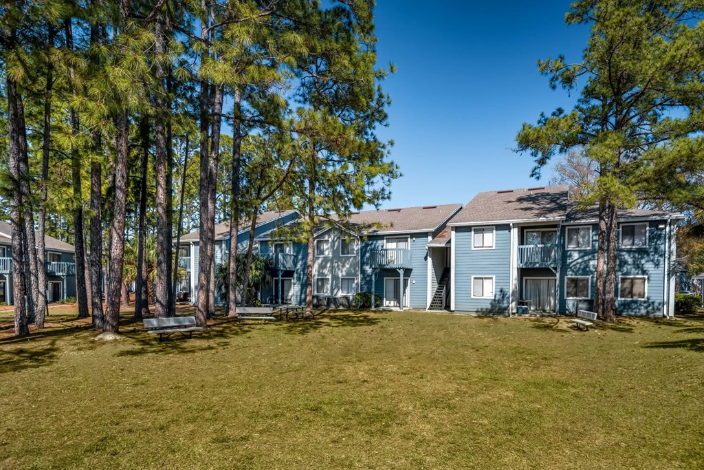 A large grassy area in front of a building with trees on the left.