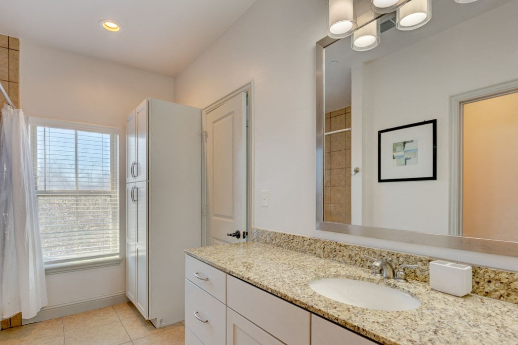a bathroom with a sink and a mirror