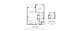 A diagram of a floor plan for a unit A4 and A4s showing the layout of the rooms.