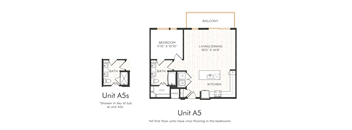 A floor plan of an apartment with a bathroom, bedroom, living/dining area, and kitchen.