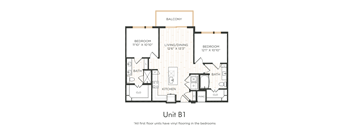 A floor plan of a unit with a balcony and two bedrooms.