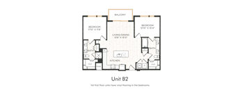A floor plan of a two bedroom apartment with a balcony.