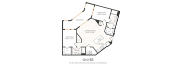 A diagram of apartment B3 with all first floor units having vinyl flooring in the bedrooms.