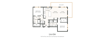 A diagram of a floor plan for Unit B4 showing the layout of the bedrooms, bathrooms, kitchen, dining room, living room, and closet.
