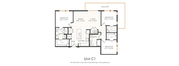 A floor plan of a residential unit with a balcony and details of each room.