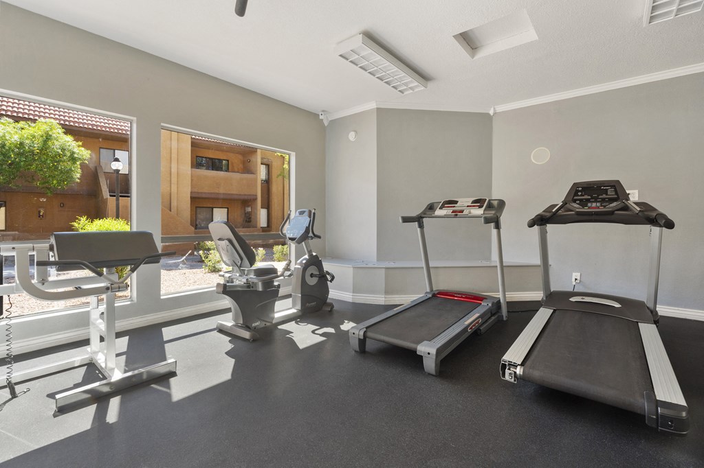 two treadmills and other exercise equipment in a gym with windows