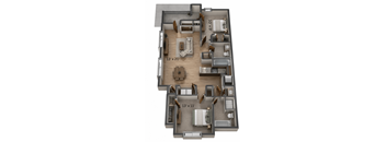 A 3D image of a floor plan of an apartment.