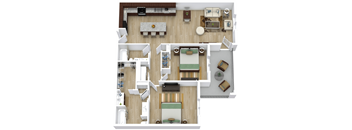 A top-down view of a modern, open-plan living space with a kitchen, dining area, and lounge.