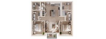 A top-down view of a house layout with a central living area, bedrooms, and bathrooms.