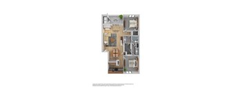 A floor plan of a two bedroom apartment with a living room, kitchen and balcony.