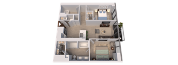 A 3D floor plan of a house showing a living room, kitchen, two bedrooms, and a bathroom.