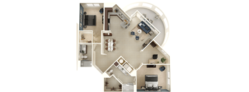 A top-down view of a house layout with a kitchen, living room, dining area, and bedrooms.