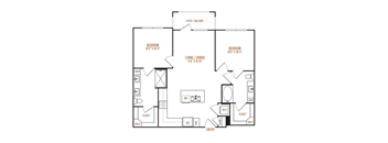 A floor plan of a house with two bedrooms, a living room, a dining room, a kitchen, a bathroom, and a garage.