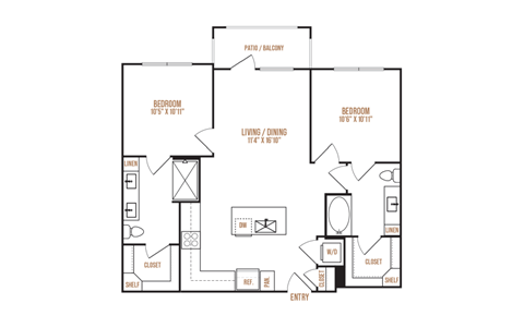 A floor plan of a house with two bedrooms, a living room, a dining room, a kitchen, a bathroom, and a garage.