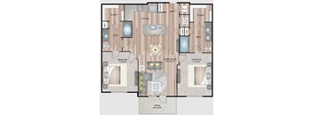 A floor plan of a house with two bedrooms, a bathroom, a kitchen, a dining room, and a great room.