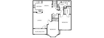 From the entry is laundry closet and storage. Dining area next to open-concept kitchen and living area. Living next to balcony and bedroom with closet. Master bed has walk-in closet. Next to bathroom.