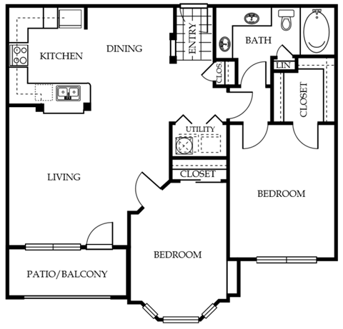 From the entry is laundry closet and storage. Dining area next to open-concept kitchen and living area. Living next to balcony and bedroom with closet. Master bed has walk-in closet. Next to bathroom.
