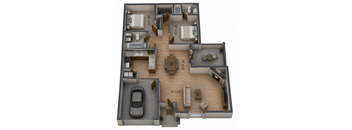 A 3D floor plan of a house with a car parked in the garage.