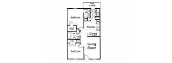 A black and white diagram of a house layout with a deck or patio.