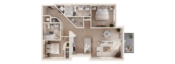 A 3D floor plan of a house with a kitchen, living room, and bedrooms.