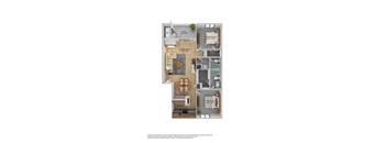 A floor plan of a two bedroom apartment with a living room, kitchen and balcony.
