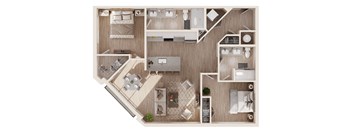 A top-down view of a small apartment layout with a kitchen, living room, and bedroom.
