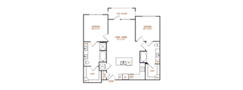 A floor plan of a house with two bedrooms, a living area, a dining area, a kitchen, a bathroom, a laundry room, a garage, and a driveway.