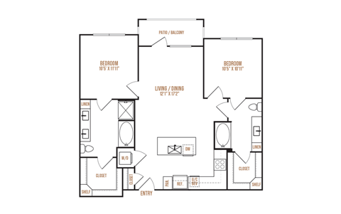 A floor plan of a house with two bedrooms, a living area, a dining area, a kitchen, a bathroom, a laundry room, a garage, and a driveway.