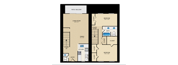 a floor plan of a one bedroom apartment with two bathrooms and a balcony